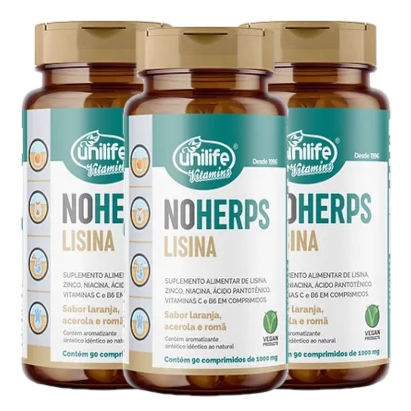 3 Potes NoHerps - Lisina com Vitaminas 90 comprimidos 1000 mg | Unilife